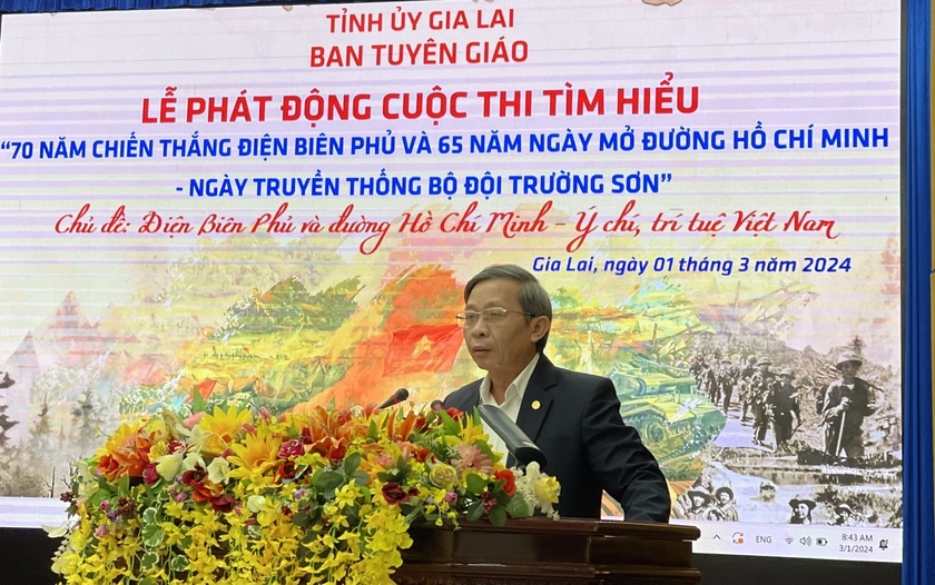 Trưởng ban Tuyên giáo Tỉnh ủy Huỳnh Thế Mạnh phát biểu tại lễ phát động cuộc thi. Ảnh: P.D