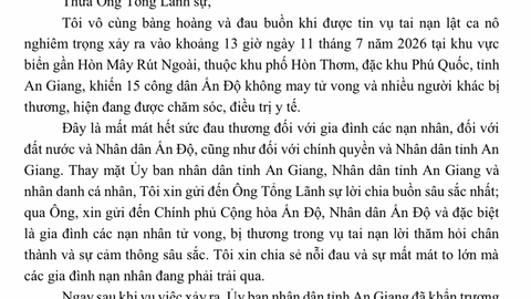 Chủ tịch UBND tỉnh An Giang gửi thư chia buồn tới Đại sứ và Tổng Lãnh sự Ấn Độ