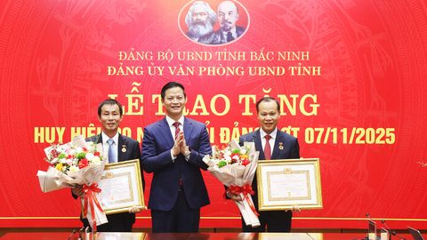 Chủ tịch UBND tỉnh Vương Quốc Tuấn trao Huy hiệu Đảng tại Đảng bộ Văn phòng UBND tỉnh