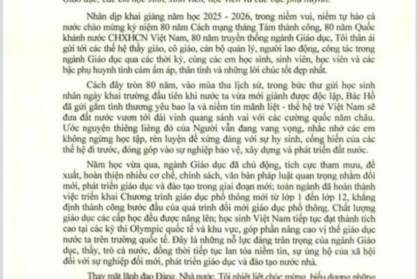 Thư của Chủ tịch nước Lương Cường gửi ngành giáo dục trước thềm năm học mới