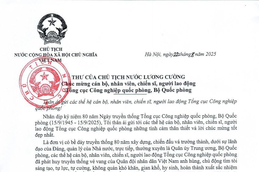 Chủ tịch nước Lương Cường gửi Thư chúc mừng cán bộ, nhân viên, chiến sĩ, người lao động Tổng cục Công nghiệp quốc phòng, Bộ Quốc phòng nhân kỷ niệm 80 năm Ngày truyền thống