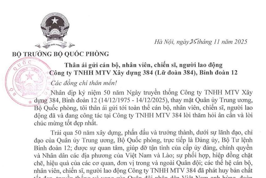 Đại tướng Phan Văn Giang chúc mừng 50 năm Ngày truyền thống Công ty TNHH MTV Xây dựng 384 - Lữ đoàn 384