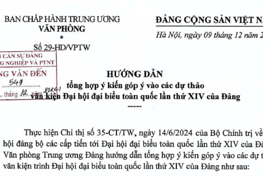 Hướng dẫn số 29-HD/VPTW ngày 09/12/2024 của Văn phòng Trung ương Đảng về việc tổng hợp ý kiến góp ý vào các dự thảo văn kiện Đại hội đại biểu toàn quốc lần thứ XIV của Đảng