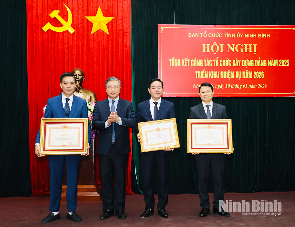 Đồng ch&iacute; Đinh Việt Dũng, Ủy vi&ecirc;n Ban Thường vụ Tỉnh ủy, Trưởng Ban Tổ chức Tỉnh ủy trao Bằng khen của Thủ tướng Ch&iacute;nh phủ v&agrave; Bằng khen của Ban Tổ chức Trung ương cho c&aacute;c c&aacute; nh&acirc;n c&oacute; th&agrave;nh t&iacute;ch xuất sắc.