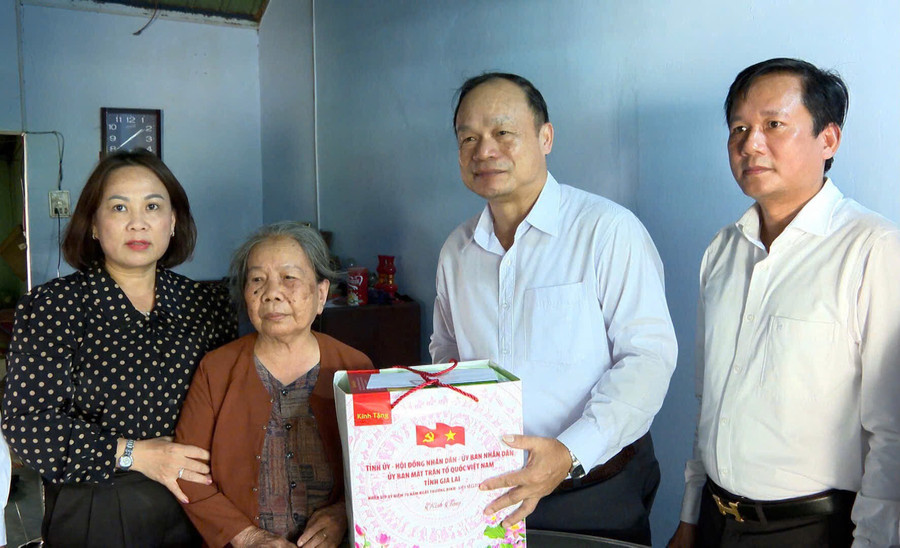 Phó Chủ tịch UBND tỉnh Dương Mah Tiệp (thứ hai từ phải sang) tặng quà cho bà Bùi Thị Ngọc (vợ liệt sĩ Trần Văn Lợi, thôn Hiệp Vinh 2, xã Canh Vinh). Ảnh: Nhật Trường