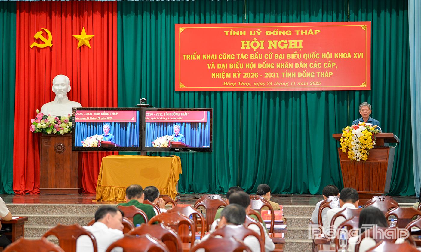 Đồng chí Ngô Chí Cường, Ủy viên Ban Chấp hành Trung ương Đảng, Bí thư Tỉnh ủy, Trưởng Đoàn Đại biểu Quốc hội tỉnh Đồng Tháp, Trưởng Ban Chỉ đạo về bầu cử tỉnh Đồng Tháp phát biểu chỉ đạo tại Hội nghị triển khai công tác bầu cử đại biểu Quốc hội khóa XVI và đại biểu HĐND các cấp nhiệm kỳ 2026 - 2031 tỉnh Đồng Tháp.