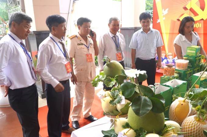 Đại biểu dự đại hội tham quan không gian trưng bày sản phẩm nông nghiệp tiêu biểu của xã (Ảnh SGGP)