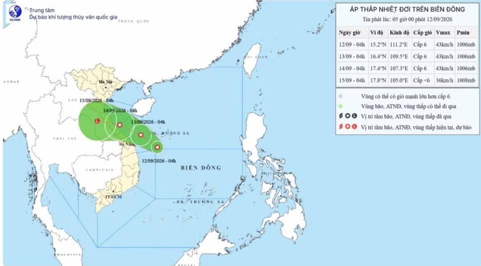 Bản đồ dự báo quỹ đạo và cường độ áp thấp nhiệt đới sáng 12/9/2026. (Nguồn: Trung tâm Dự báo khí tượng thủy văn quốc gia)