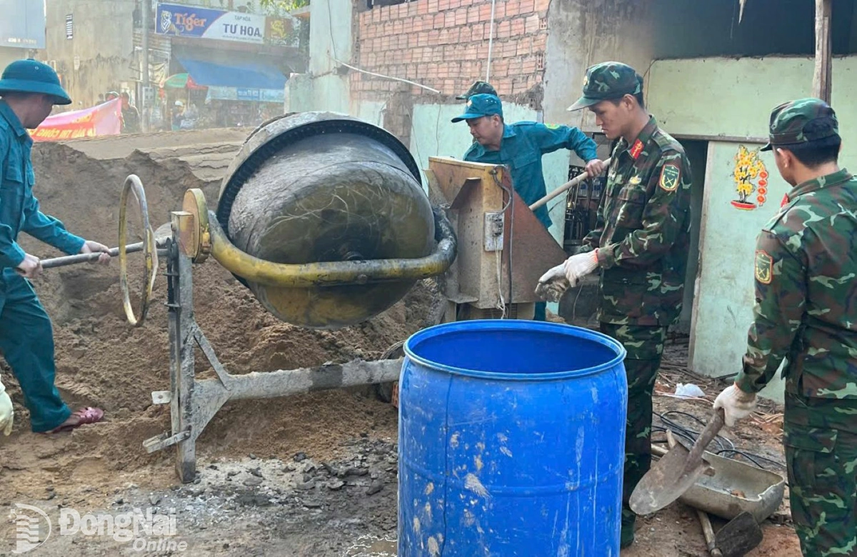 Cán bộ, chiến sĩ Bộ CHQS tỉnh vừa có mặt tại Lâm Đồng chiều 11-12 đã nhanh chóng dọn dẹp, san ủi mặt bằng và bắt tay thực hiện Chiến dịch Quang Trung. Ảnh: ĐVCC
