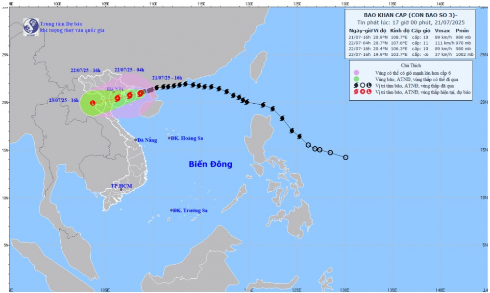 Bản đồ dự báo quỹ đạo và cường độ bão số 3 lúc 17 giờ ngày 21/7/2025