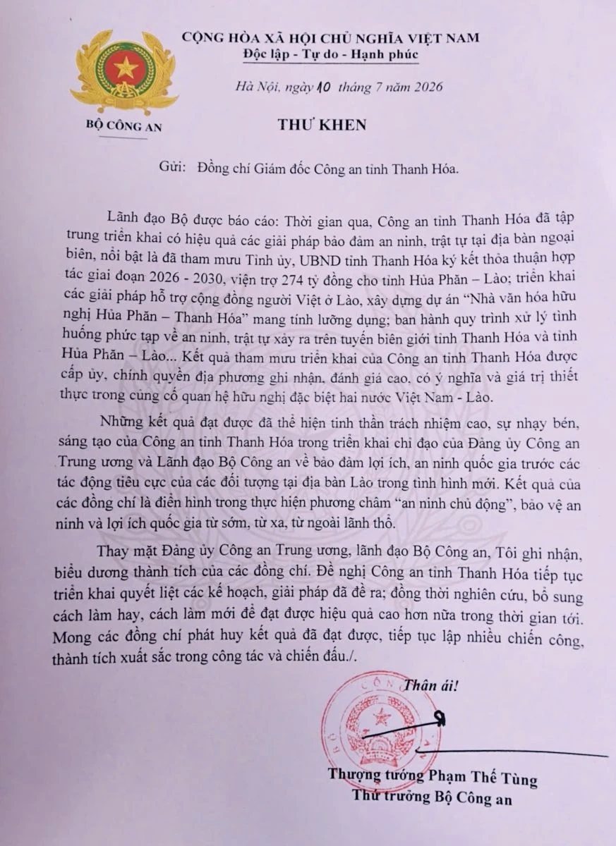 Lãnh đạo Bộ Công an gửi Thư khen Công an tỉnh Thanh Hóa