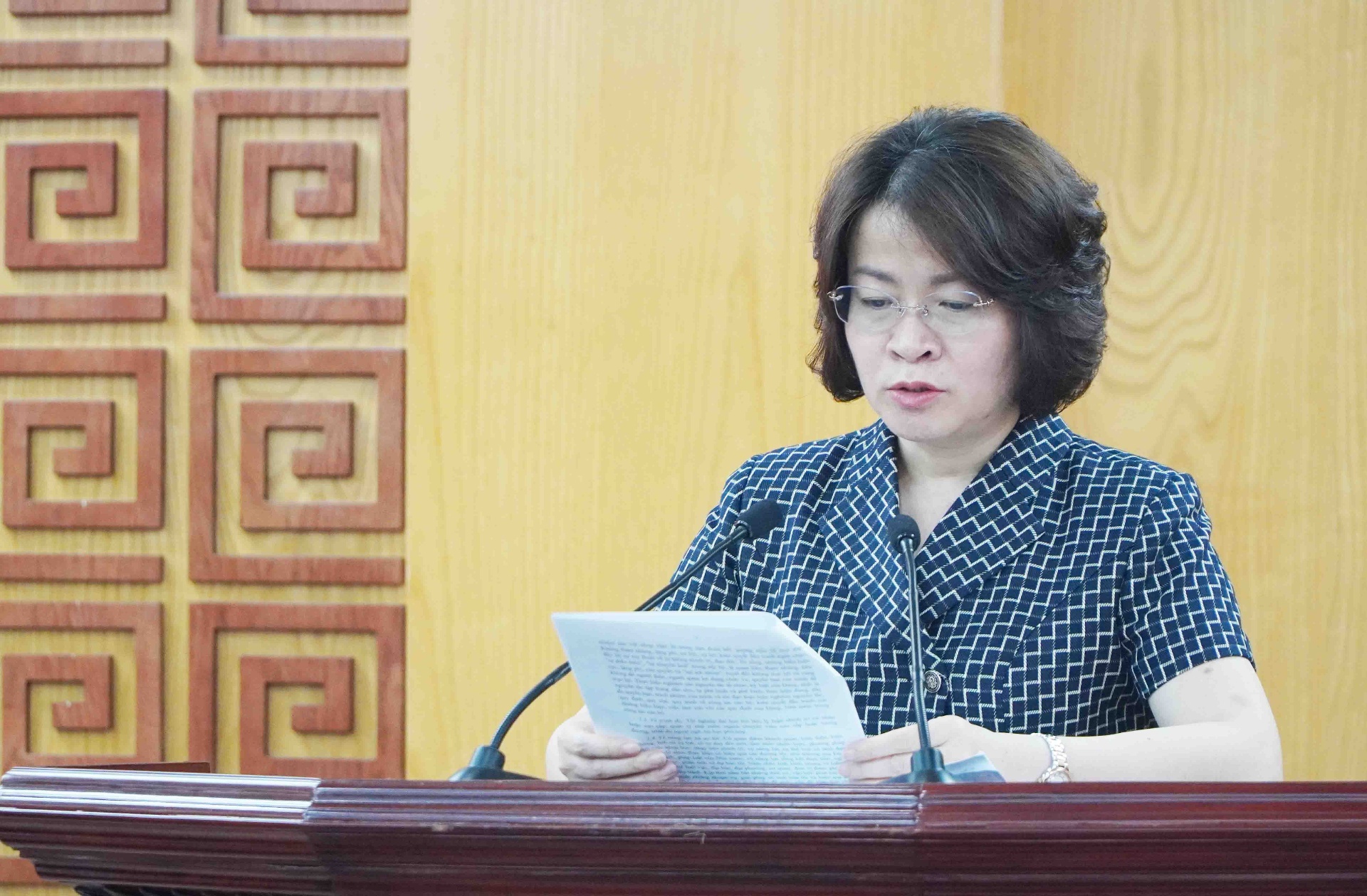 Đồng Chí Lê Thị Hường – Uỷ viên Ban Thường vụ, Trưởng Ban Tổ chức Tỉnh uỷ nêu nội dung về côgn tác cán bộ tại Hội nghị.