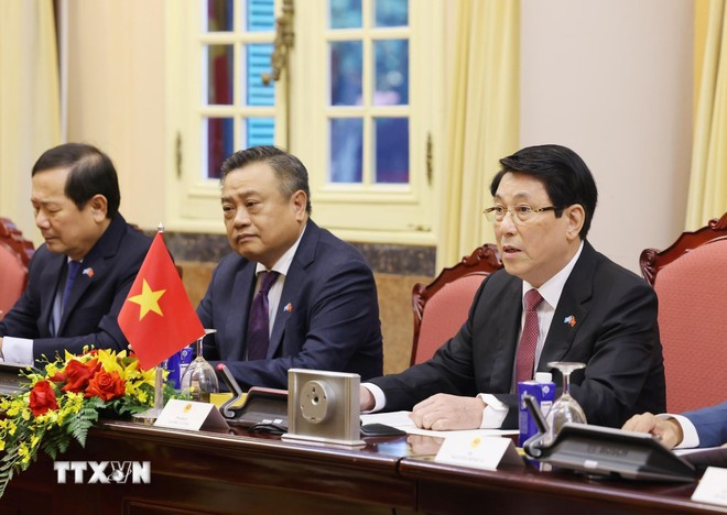 Chủ tịch nước Lương Cường phát biểu tại cuộc hội đàm với Tổng Thư ký Liên hợp quốc António Guterres. (Ảnh: Lâm Khánh/TTXVN) Chủ tịch nước Lương Cường phát biểu tại cuộc hội đàm với Tổng Thư ký Liên hợp quốc António Guterres.