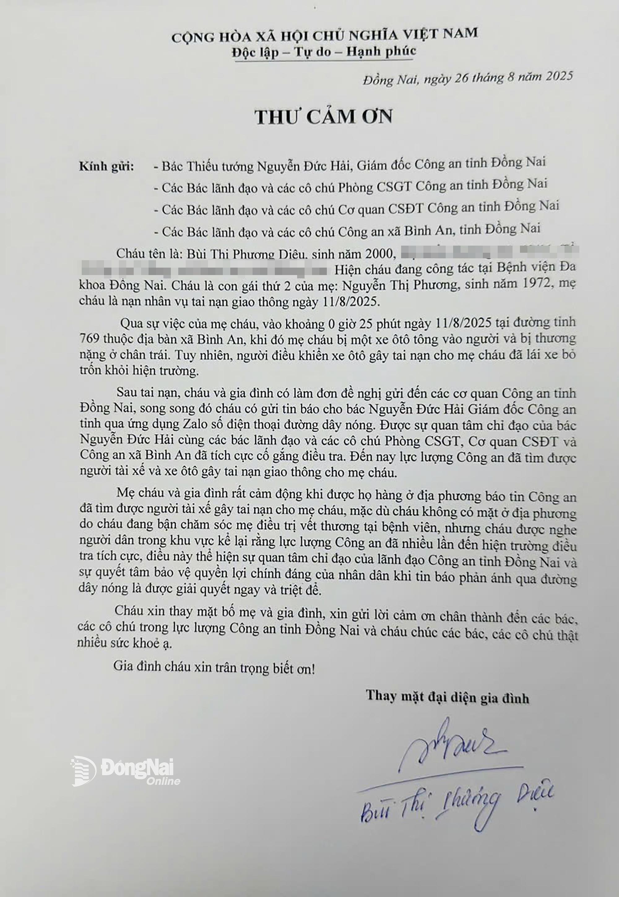 Thư cảm ơn chị Bùi Thị Phương Diệu gửi Giám đốc Công an tỉnh Đồng Nai và công an các đơn vị. Ảnh: Trần Danh