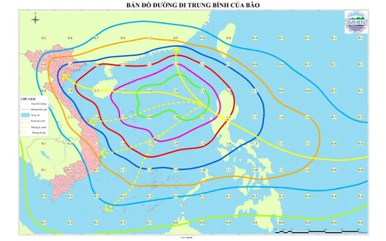 Bản đồ trung bình đường đi của bão và ATNĐ trên Biển Đông