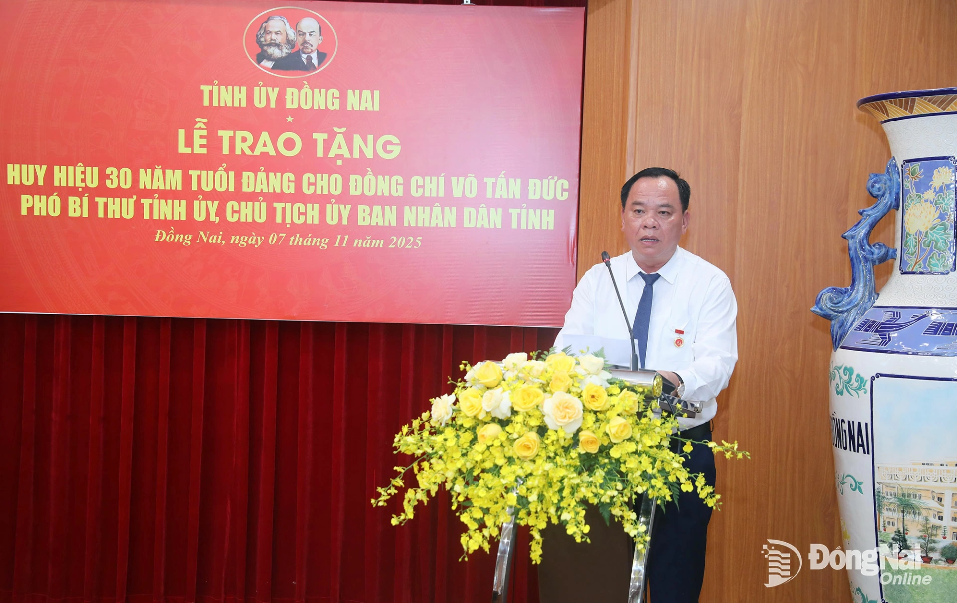 Đồng chí Võ Tấn Đức, Phó Bí thư Tỉnh ủy, Chủ tịch UBND tỉnh Đồng Nai phát biểu tại buổi lễ. Ảnh: Huy Anh