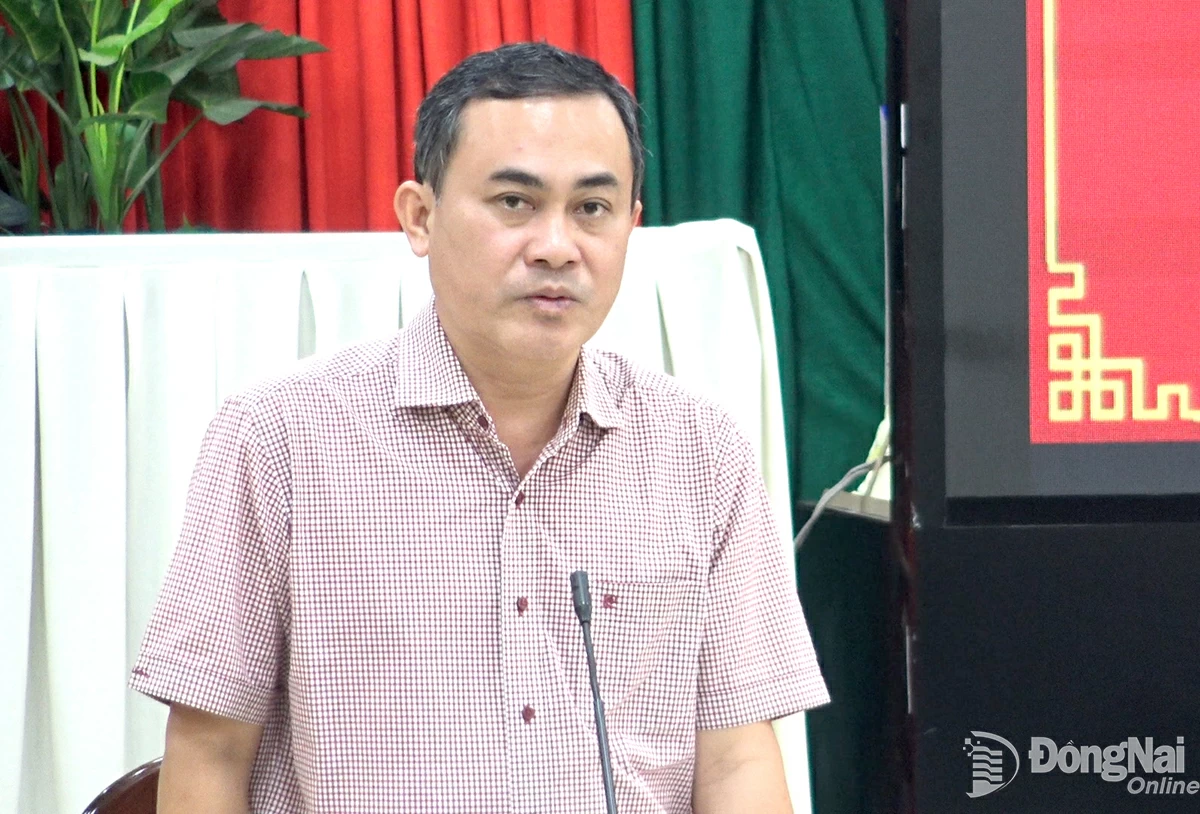 Ủy viên Ban Thường vụ Tỉnh ủy, Phó chủ tịch UBND tỉnh Lê Trường Sơn phát biểu tại buổi làm việc. Ảnh: Quốc Vinh