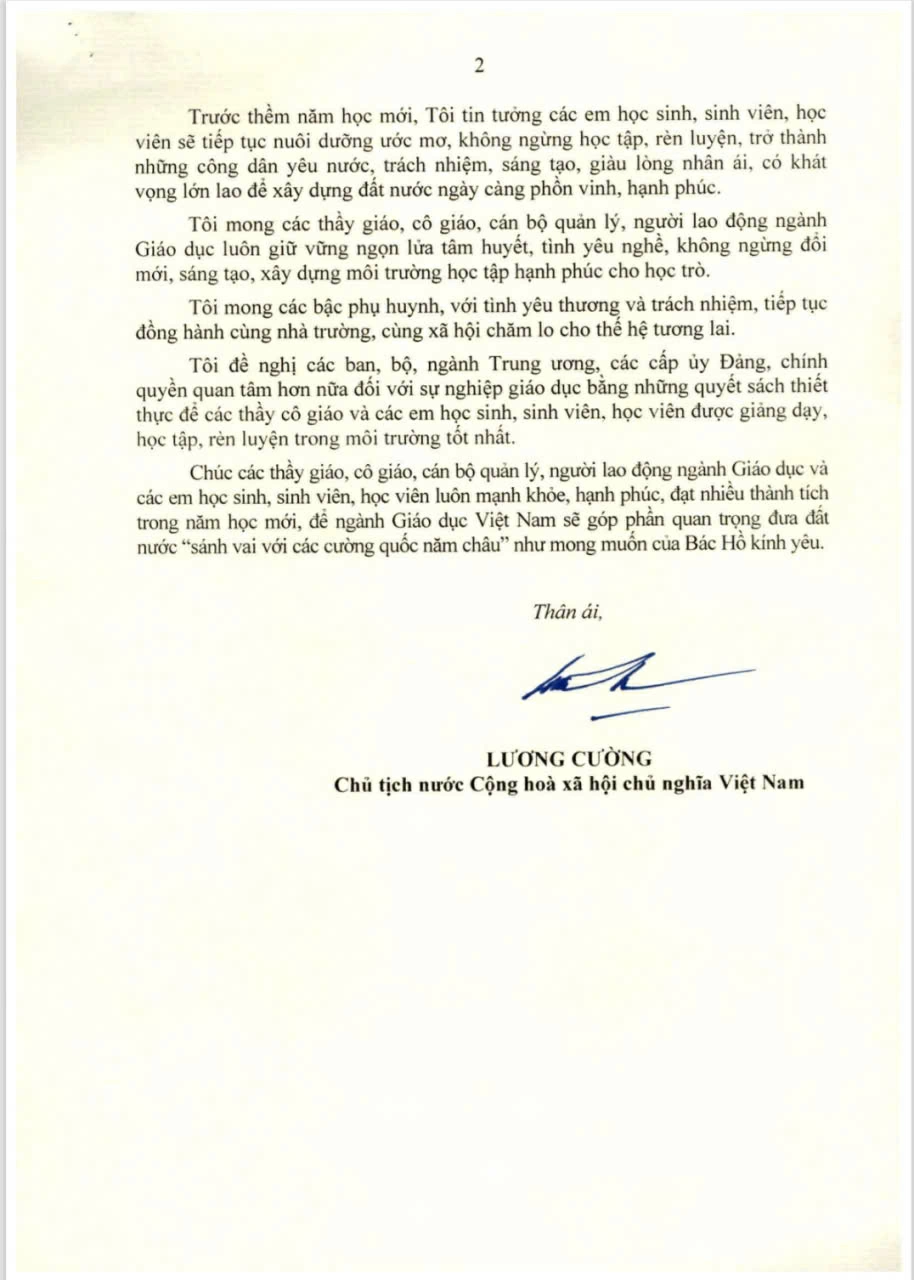 Chủ tịch nước gửi thư cho ngành Giáo dục nhân dịp khai giảng năm học mới 2025-2026