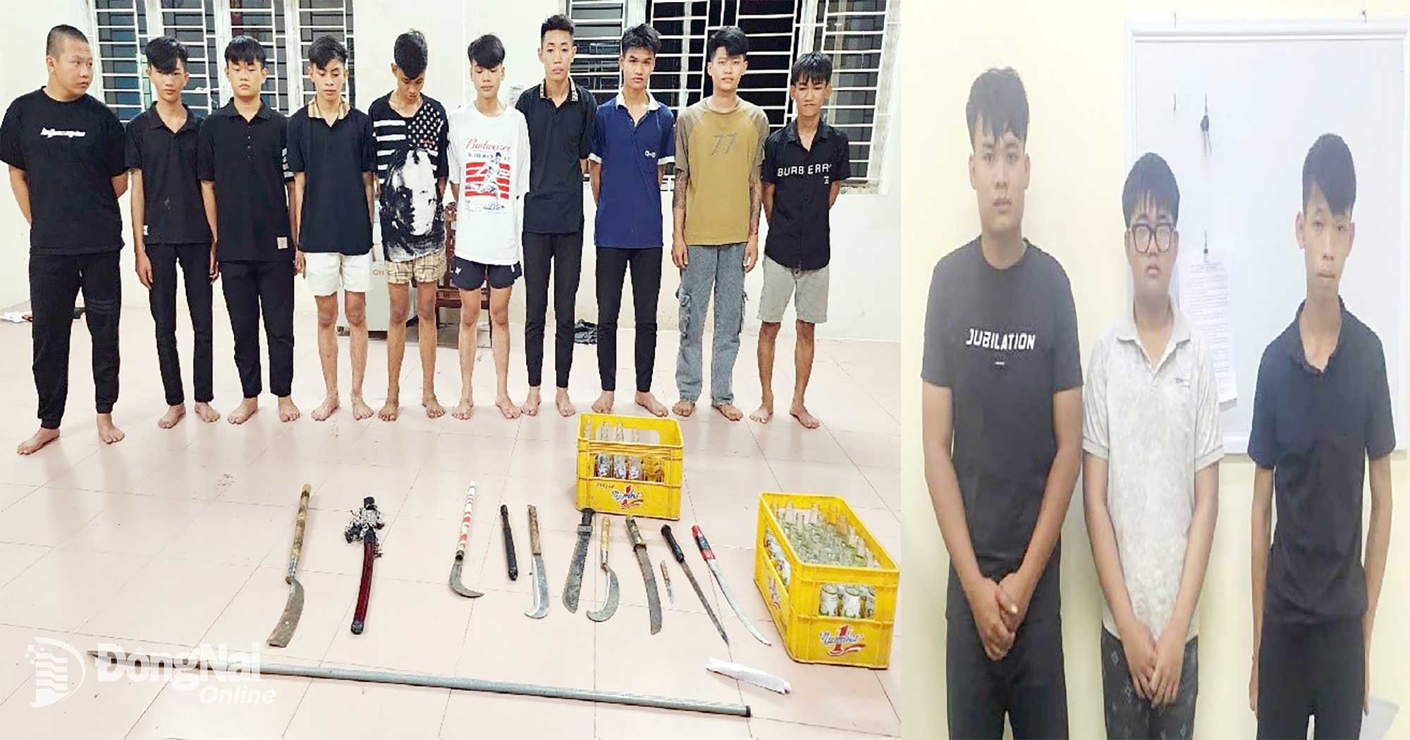 Nhóm đối tượng liên quan bị bắt giữ cùng hung khí. Ảnh: H.B