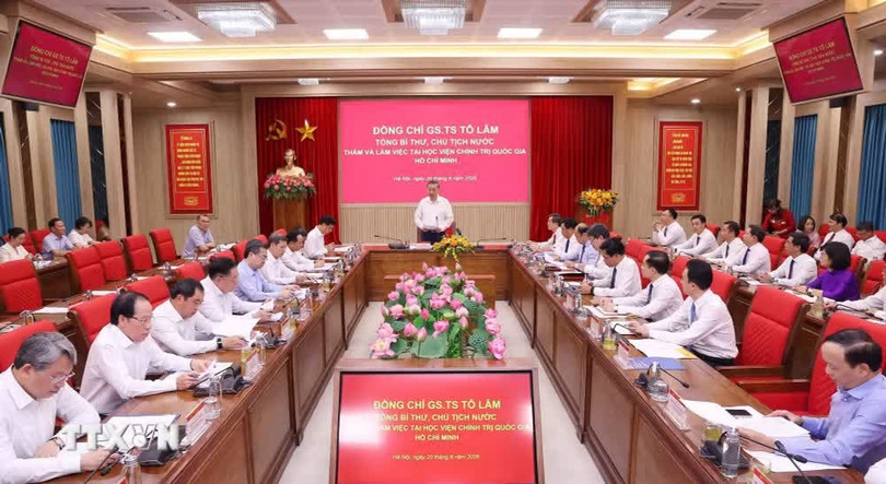 Quang cảnh buổi làm việc của Tổng Bí thư, Chủ tịch nước Tô Lâm với lãnh đạo chủ chốt Học viện Chính trị Quốc gia Hồ Chí Minh. (Ảnh: Văn Điệp/TTXVN)