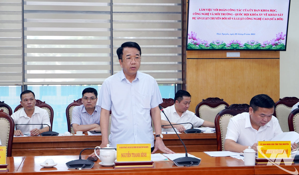 Đồng chí Phó Chủ tịch Thường trực UBND tỉnh Nguyễn Thanh Bình báo cáo tình hình thực hiện chuyển đổi số, sản xuất công nghệ cao tại tỉnh Thái Nguyên