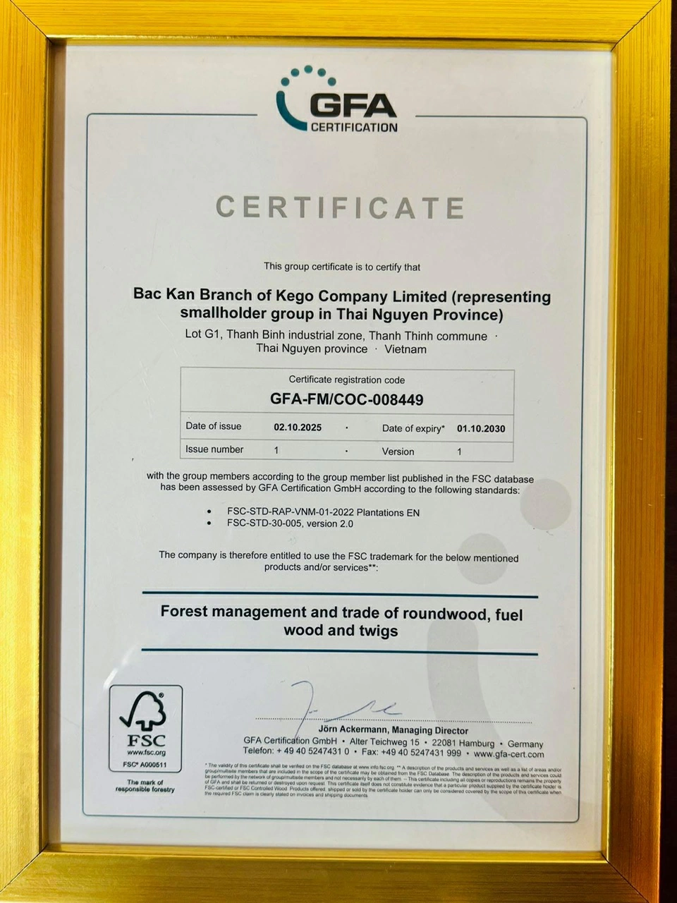 Chứng chỉ FSC được tổ chức GFA cấp cho hơn 4.200ha rừng của hai xã Nghĩa Tá và Yên Phong.