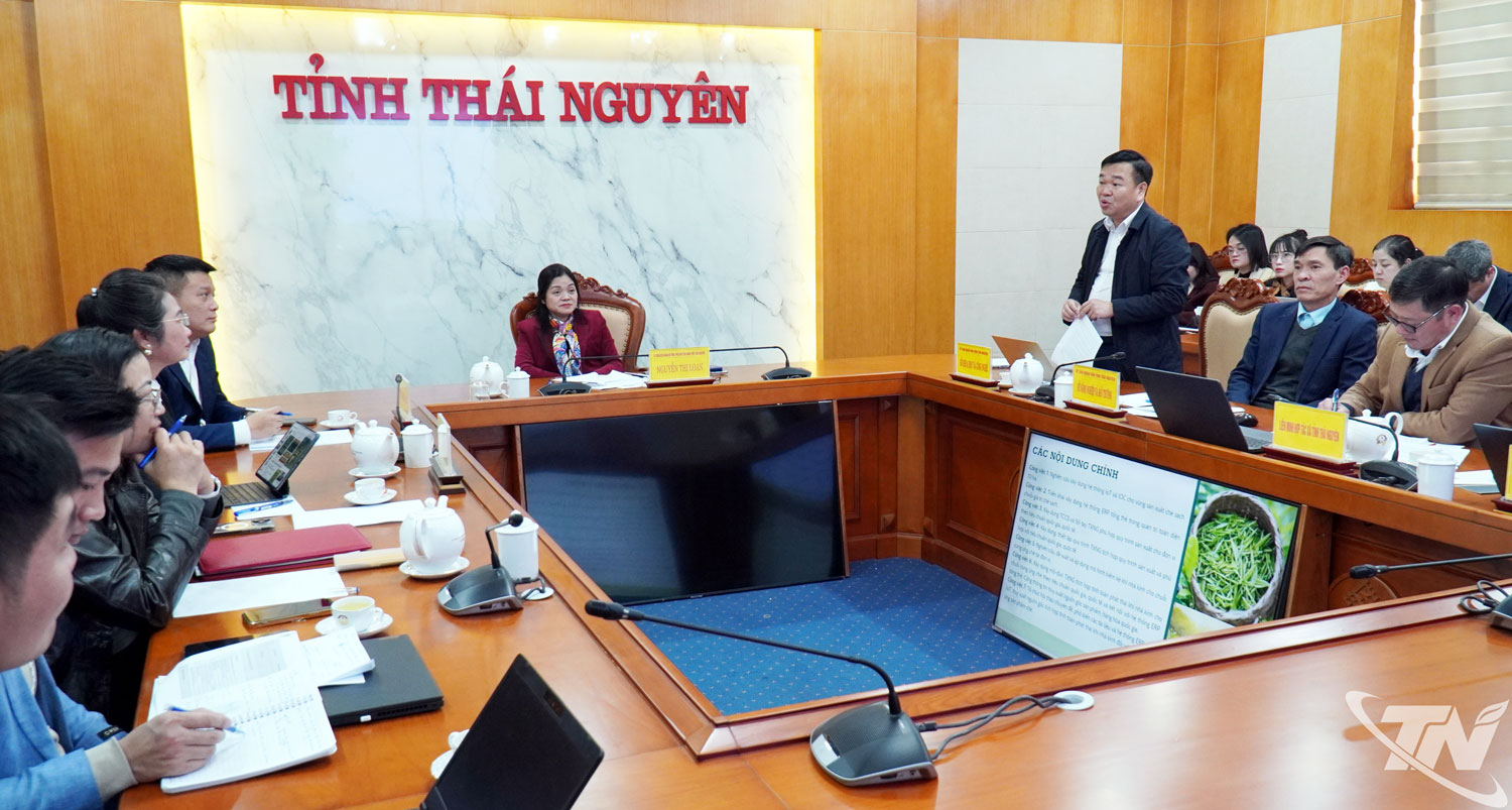 đồng ch&iacute; Nguyễn Thị Loan, Ph&oacute; Chủ tịch UBND tỉnh, chủ tr&igrave; cuộc họp nghe b&aacute;o c&aacute;o sơ bộ nhiệm vụ khoa học v&agrave; c&ocirc;ng nghệ &ldquo;Nghi&ecirc;n cứu chuyển đổi số to&agrave;n diện v&agrave; ứng dụng c&ocirc;ng nghệ cao trong quản l&yacute;, sản xuất ch&egrave; bền vững tại tỉnh Th&aacute;i Nguy&ecirc;n&rdquo;.