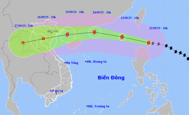Dự báo ngày 25-9 cơn bão sẽ vào đất liền nước ta, ảnh hưởng từ Quảng Ngãi trở ra Bắc - Ảnh: Trung tâm Khí tượng thủy văn quốc gia