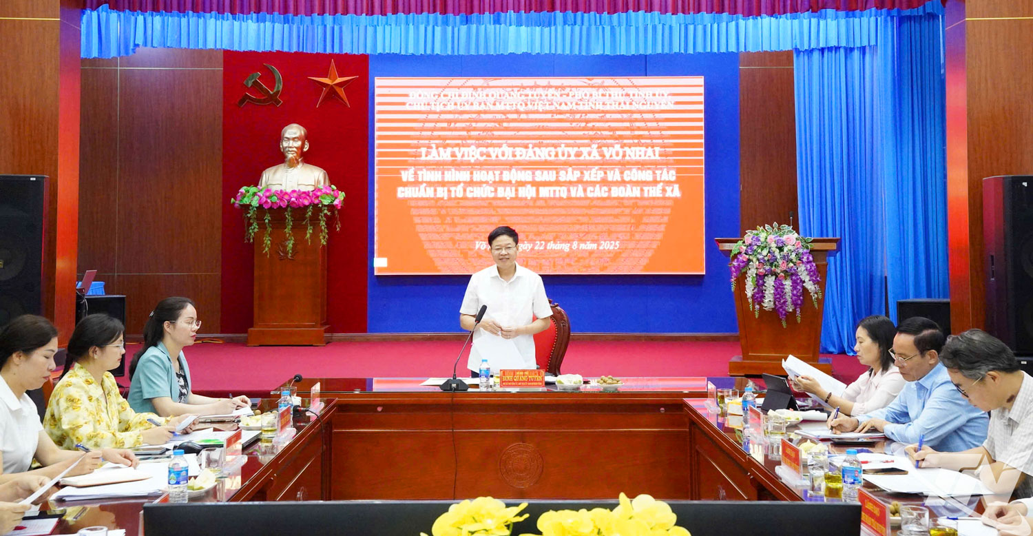 Đồng chí Đinh Quang Tuyên, Phó Bí thư Tỉnh ủy, Chủ tịch Ủy ban MTTQ tỉnh phát biểu tại buổi làm việc