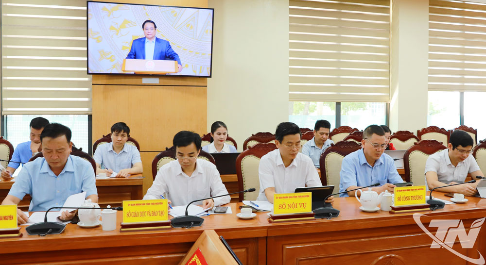 Lãnh đạo một số sở, ngành liên quan tham dự phiên họp tại điểm cầu trực tuyến tỉnh Thái Nguyên.