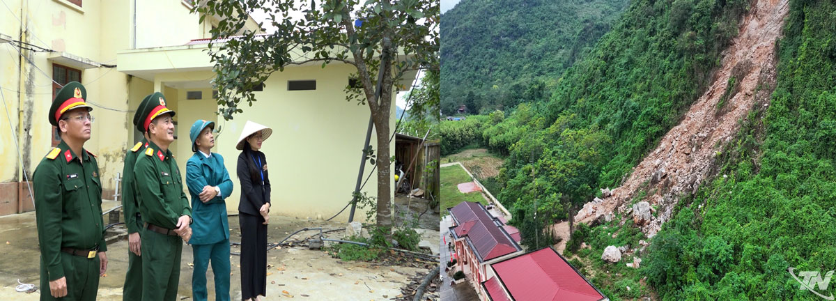 Đại tá Ngô Tuấn Anh,Chỉ huy trưởng, Bộ CHQS tỉnh kiểm tra khu vực sạt lở núi đá tại xã Dân Tiến.