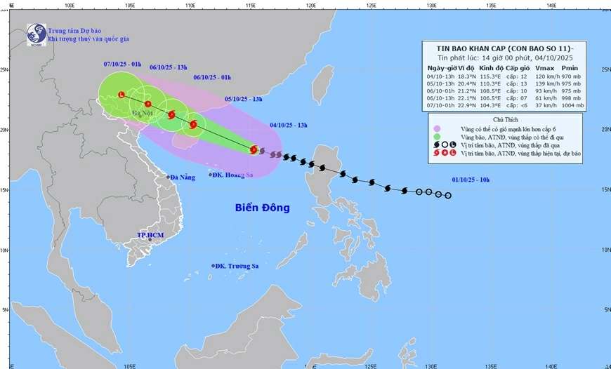 Dự báo hướng di chuyển của bão số 11 - Ảnh: Trung tâm dự báo khí tượng thủy văn quốc gia