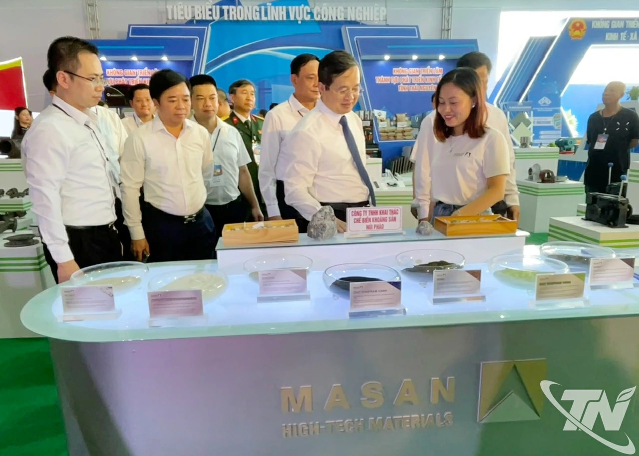 Đồng chí Phạm Hoàng Sơn, Phó Bí thư Tỉnh ủy, Chủ tịch UBND tỉnh cùng các đại biểu tham quan gian trưng bày của Masan High-Tech Materials.
