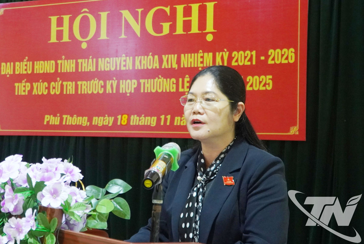 Đồng chí Hoàng Thu Trang, Ủy viên Ban Thường vụ, Chủ nhiệm Ủy ban Kiểm tra Tỉnh ủy phát biểu tại Hội nghị tiếp xúc cử tri.