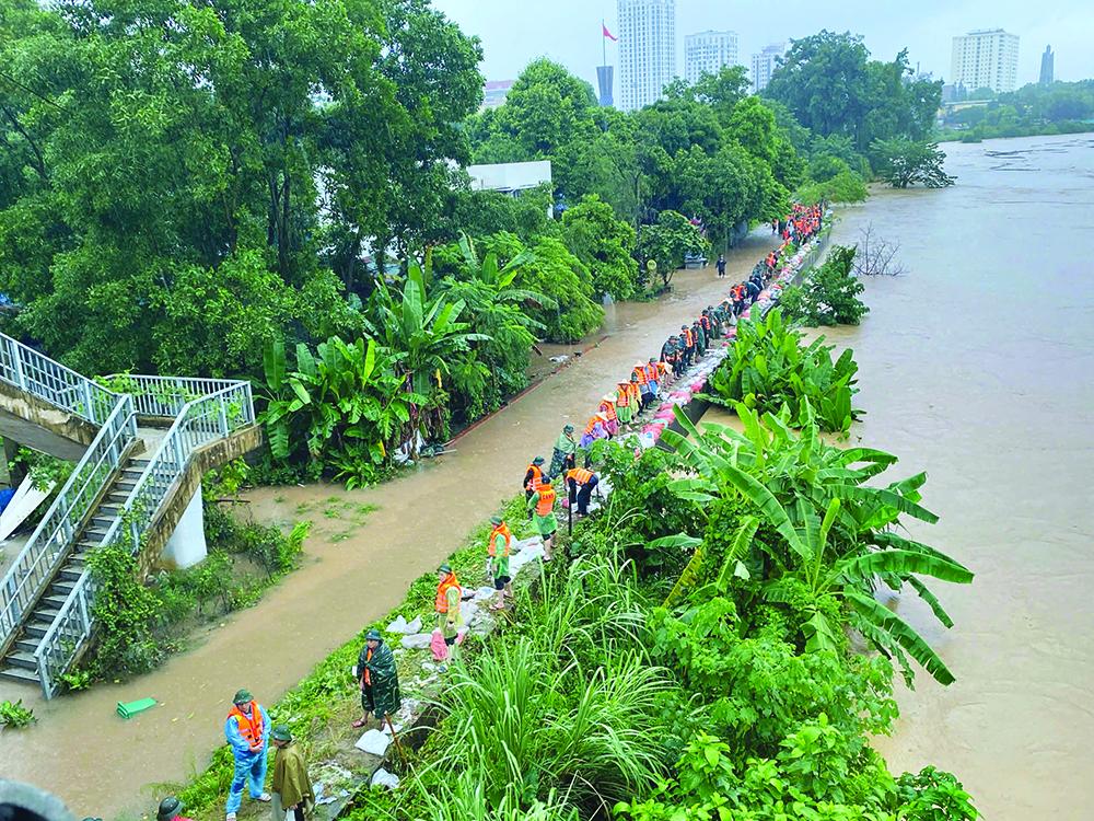 Lực lượng Quân đội, Công an phối hợp củng cố để bao sông Cầu đoạn chạy qua phường Phan Đình Phùng, tỉnh Thái Nguyên.