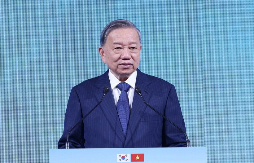 Tổng Bí thư Tô Lâm phát biểu tại Diễn đàn kinh tế Việt Nam-Hàn Quốc. Ảnh: TTXVN