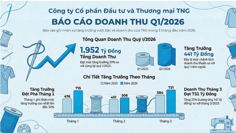 Kết quả sản xuất, kinh doanh của Công ty CP Đầu tư và Thương mại TNG trong quý I/2026.