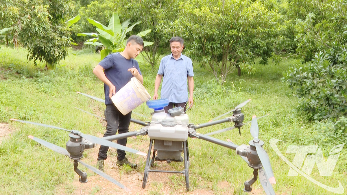 Ông Phạm Văn Long mạnh dạn đầu tư hơn 400 triệu đồng mua thiết bị bay không người lái (drone) để phun thuốc, bón phân, vận chuyển giống cây.