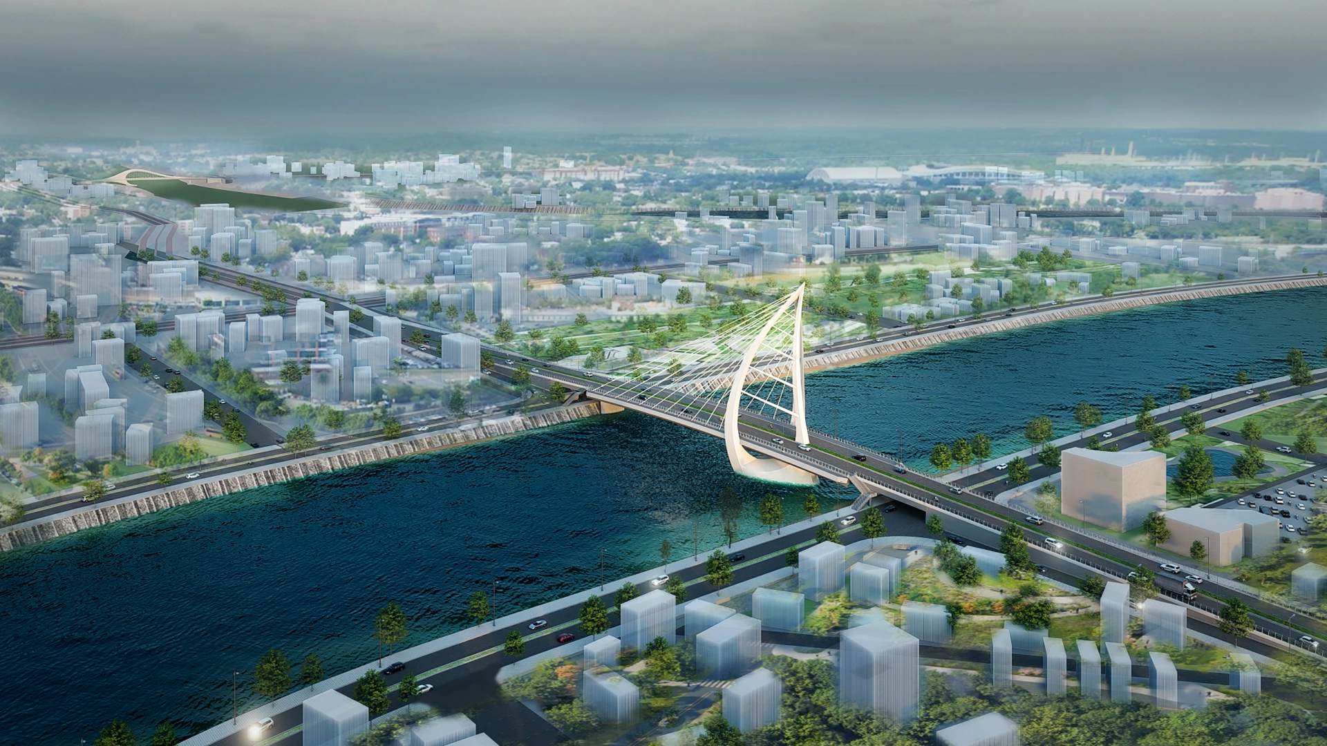 Dự án cầu Quang Vinh 1, Quang Vinh 2 và hệ thống đường giao thông kết nối có tổng mức đầu tư trên 1.500 tỷ đồng, được khởi công từ tháng 1-2025 và dự kiến hoàn thành trong năm 2026. Trong ảnh: Phối cảnh cầu Quang Vinh 1, Quang Vinh 2