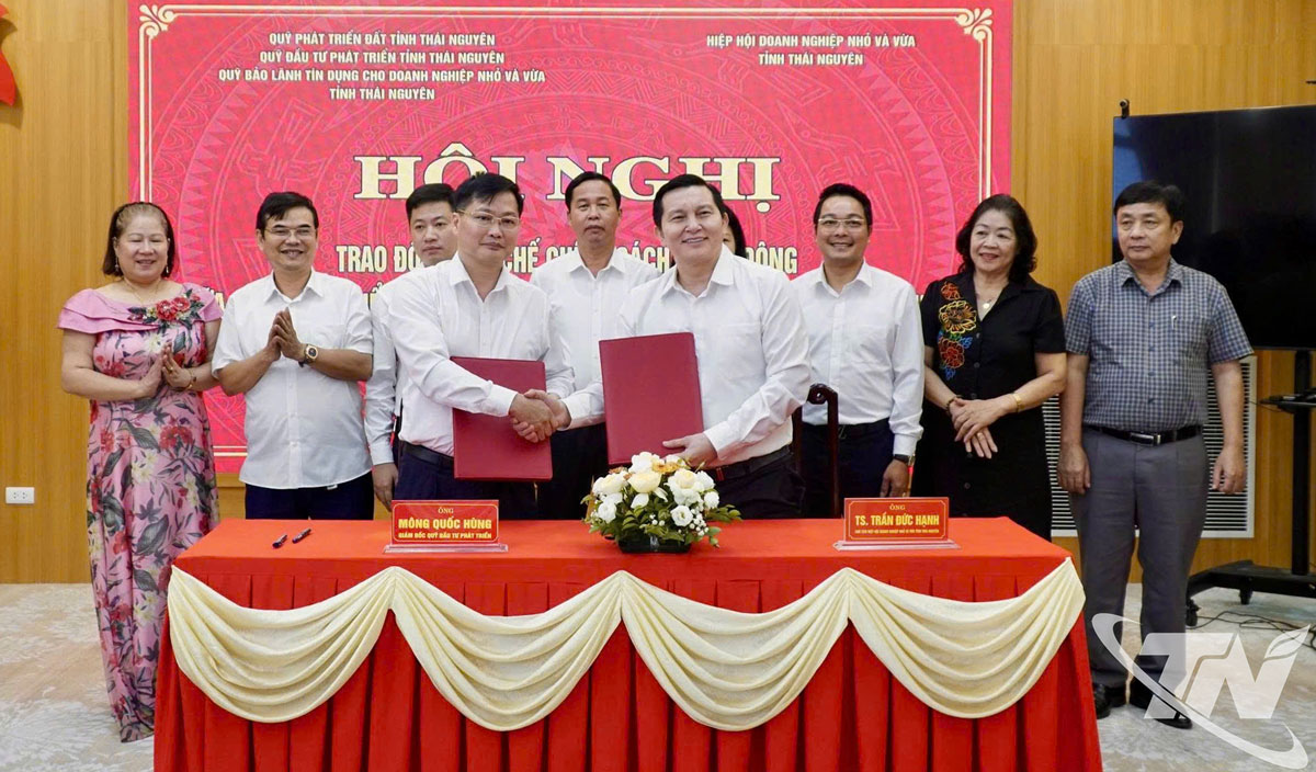 Đại diện các quỹ của tỉnh và Hiệp hội Doanh nghiệp nhỏ và vừa ký kết văn bản ghi nhớ hợp tác.