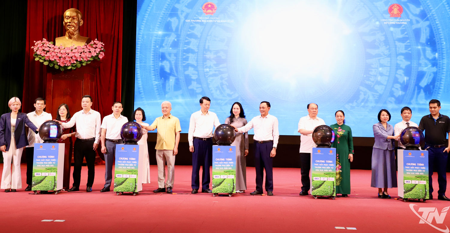 Đại biểu thực hiện nghi thức nhấn nút khai mạc.