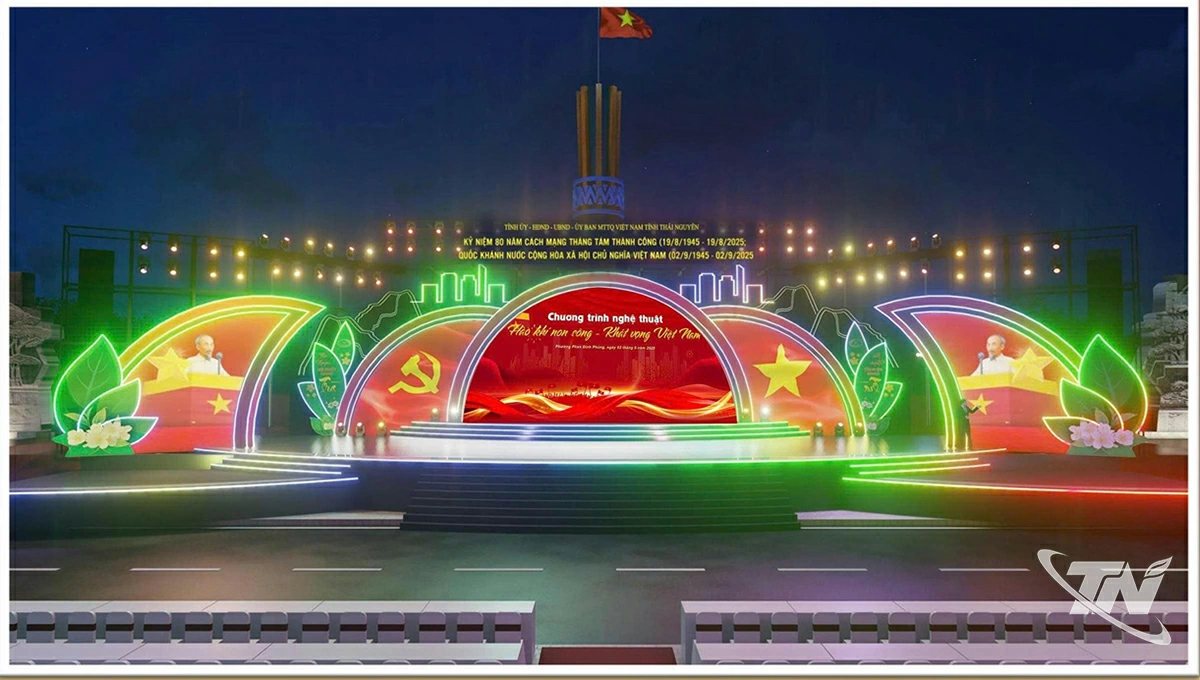 Phối cảnh tổng thể sân khấu chương trình nghệ thuật chào mừng Cách mạng Tháng Tám thành công và Quốc khánh 2-9 tại quảng trường Võ Nguyên Giáp.