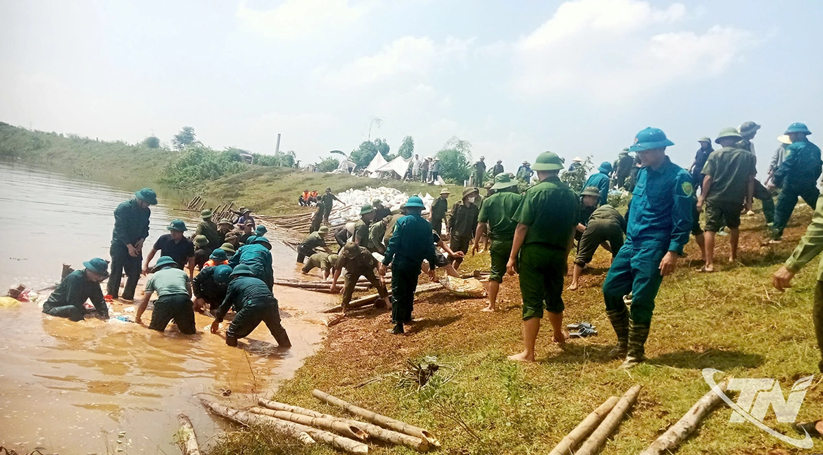 Lực lượng công an, quân đội, dân quân, đoàn thể và nhân dân tham gia bảo vệ an toàn đê điều.