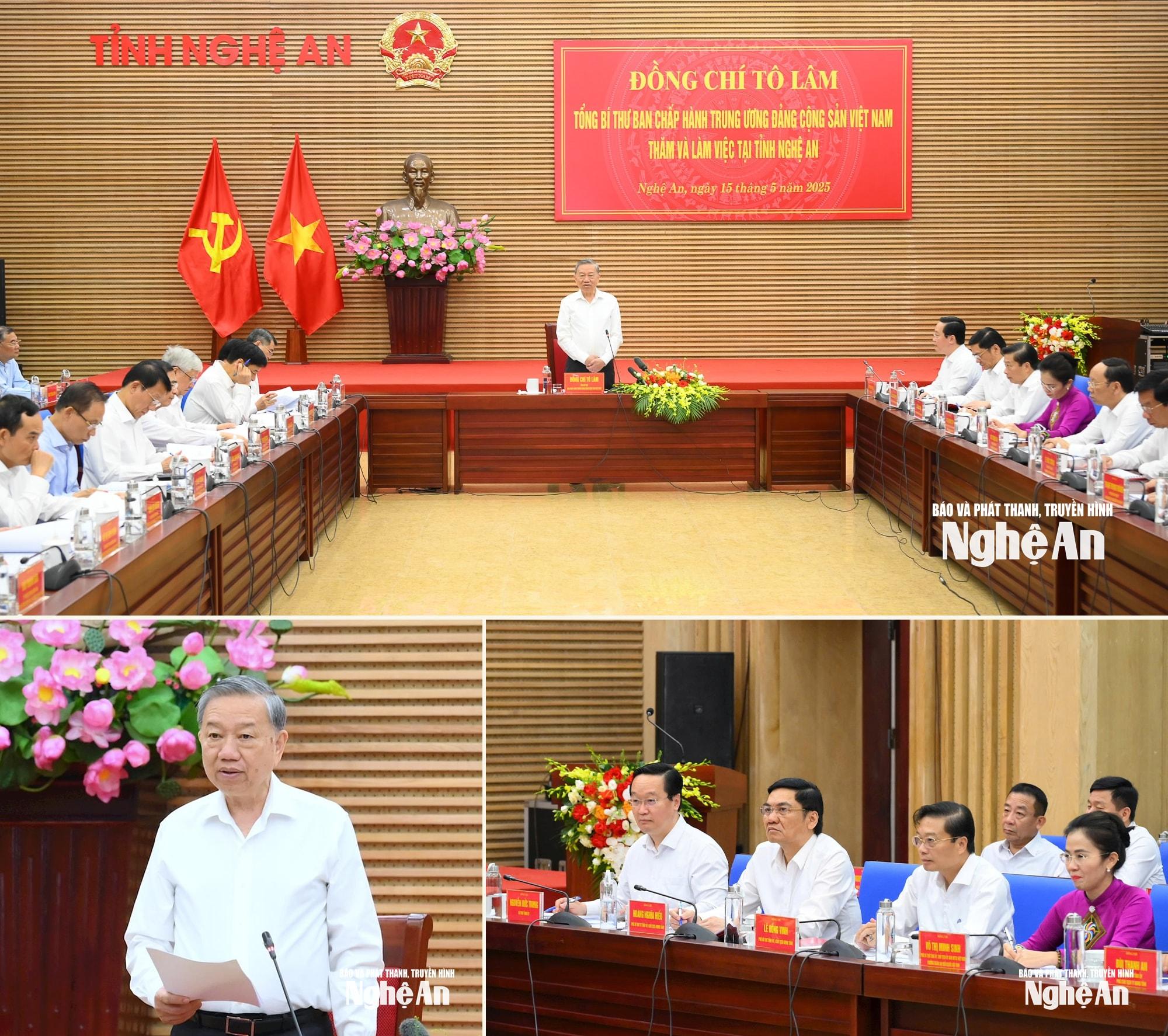 Tổng Bí thư Tô Lâm làm việc với Ban Thường vụ Tỉnh ủy Nghệ An. Ảnh: Thành Cường