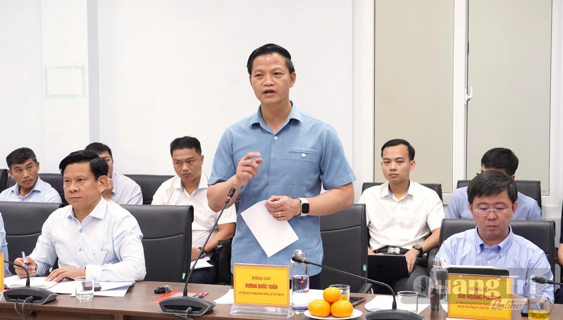 Đồng chí Vương Quốc Tuấn, Bí thư Tỉnh ủy đề nghị EVN phấn đấu để phát điện thương mại Nhà máy Nhiệt điện Quảng Trạch I vào ngày 20/10/2026 - Ảnh: Q.V