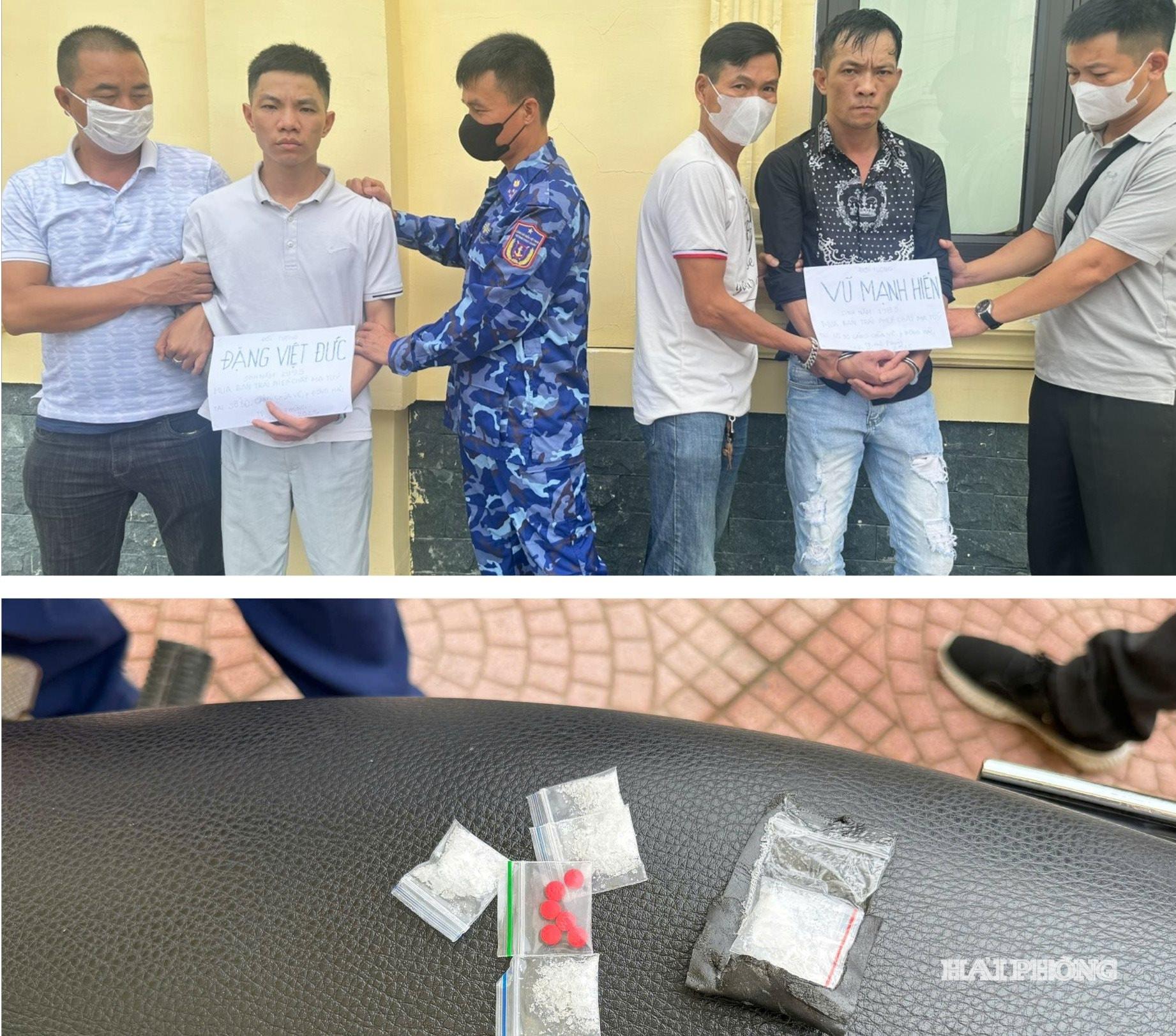 Đối tượng Vũ Mạnh Hiển và Đặng Việt Đức tại thời điểm bị bắt giữ cùng tang vật