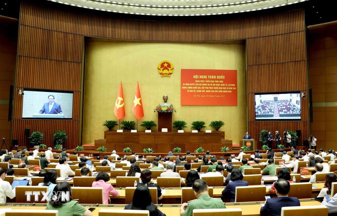 Hội nghị toàn quốc quán triệt, triển khai thực hiện 4 Nghị quyết của Bộ Chính trị. (Ảnh: TTXVN)