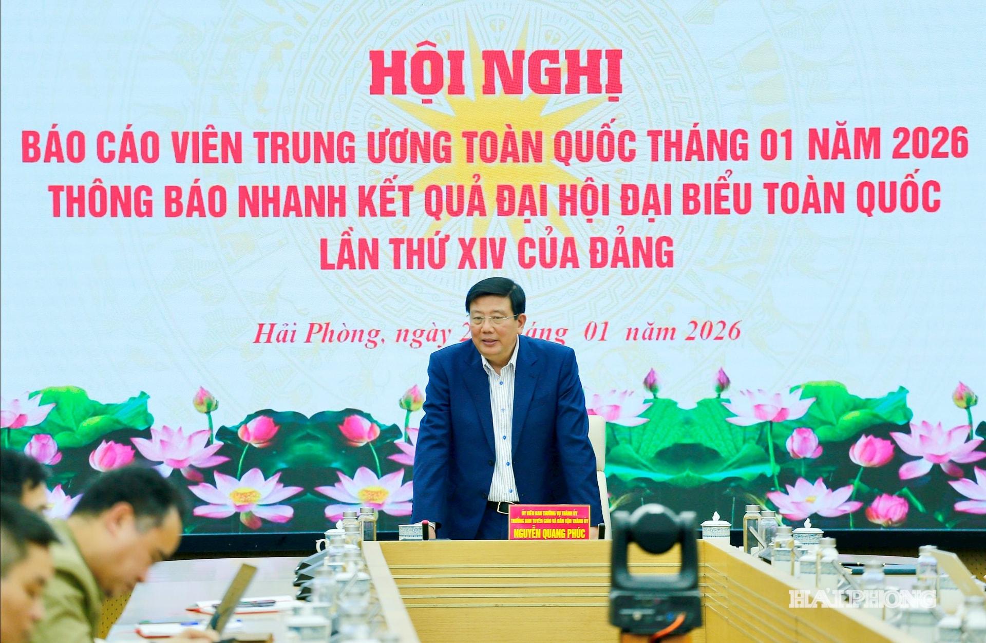 Đồng ch&iacute; Nguyễn Quang Ph&uacute;c, Uỷ vi&ecirc;n ban Thường vụ Th&agrave;nh ủy, Trưởng ban Tuy&ecirc;n gi&aacute;o v&agrave; D&acirc;n vận Th&agrave;nh ủy ph&aacute;t biểu chỉ đạo hội nghị tại điểm cầu th&agrave;nh phố Hải Ph&ograve;ng.