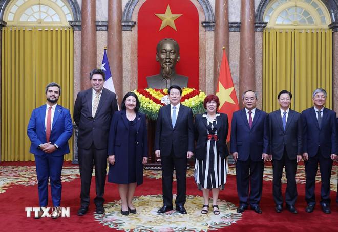 Chủ tịch nước Lương Cường với Đại sứ Cộng hòa Chile tại Việt Nam Nasly Isabel Bernal Prado và các đại biểu. (Ảnh: Lâm Khánh/TTXVN) ttxvn-chu-tich-nuoc-tiep-dai-su-cong-hoa-chile-nasly-isabel-bernal-prado-trinh-quoc-thu-4.jpg