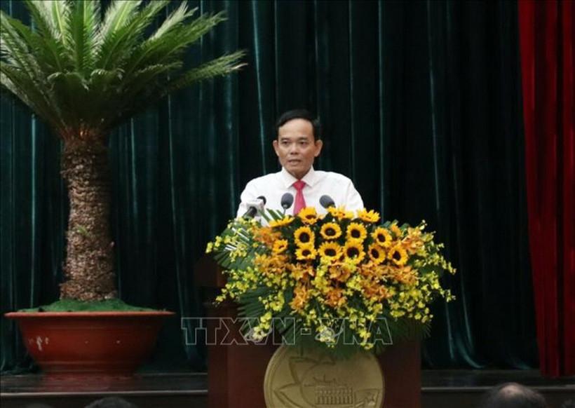 Bí thư Thành ủy Thành phố Hồ Chí Minh Trần Lưu Quang phát biểu tại hội nghị. (Ảnh: Tiến Lực/TTXVN)